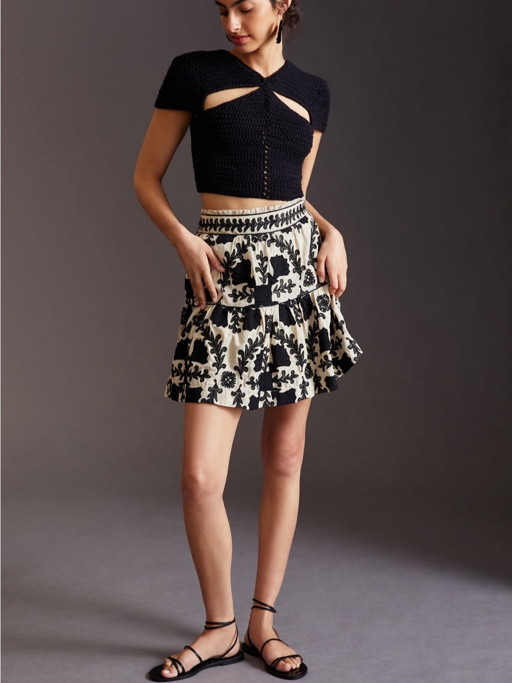 Anthropologie Black and Cream Floral Tiered Skirt